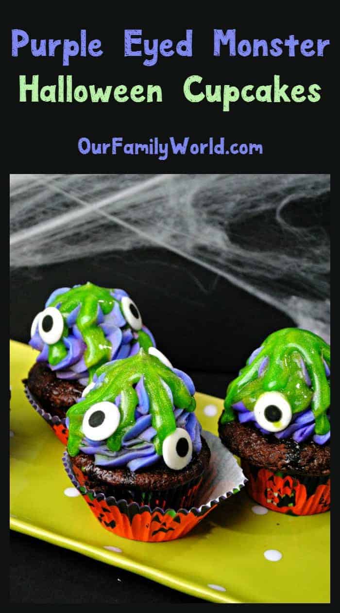 Need a fun Halloween food ideas for a party? These purple eyed monster cupcakes are easy & cute! Check them out & grab the recipe!