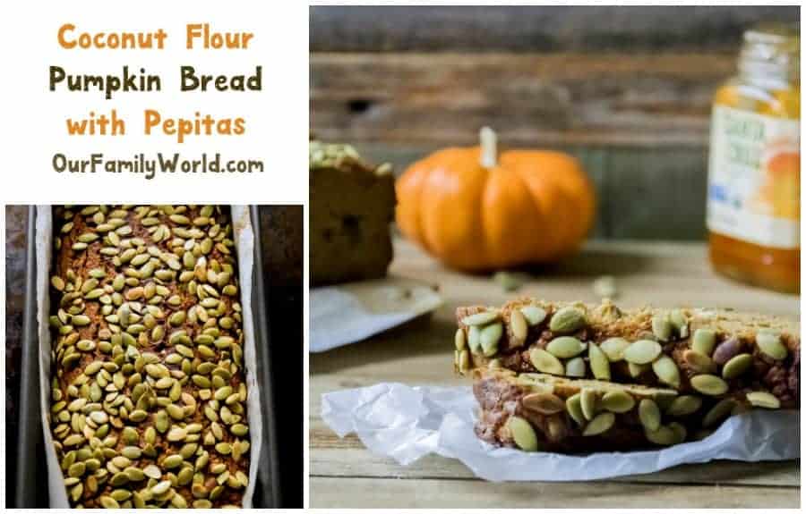 Gluten free, low carb coconut flour pumpkin bread with pepita is a delicious fall inspired breakfast option for kids and grown-ups alike.
