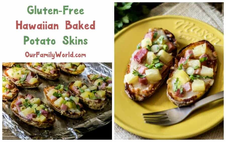 This Hawaiian potato skin recipe is a tasty gluten-free twist on Hawaiian pizza! Makes a unique Thanksgiving side dish or appetizer for your Christmas party!