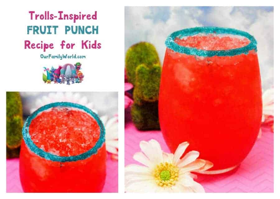 Looking for a fun drink for family film night? Check out this Trolls movie 2016 punch recipe for kids, made with healthier ingredients like coconut water!