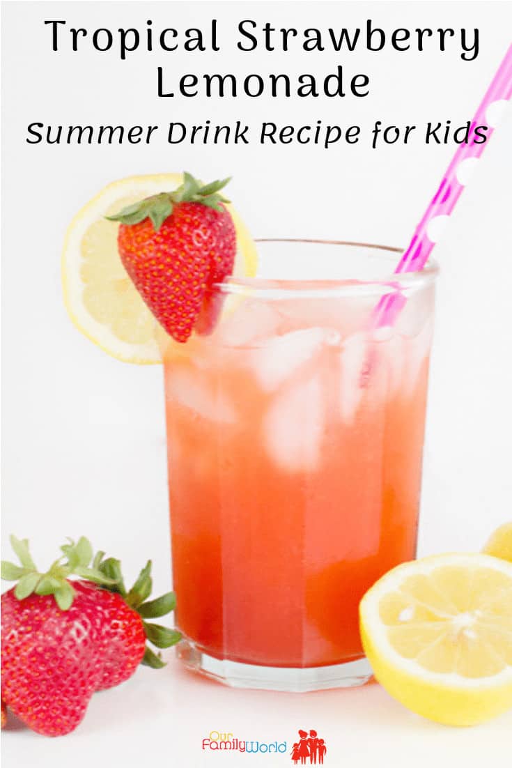Looking for a fun virgin drink? How about a cute summer drink recipe for kids? Both adults and kids will love our tropical strawberry lemonade summer drink! #summerdrinkrecipe #recipeforsummerdrinks #kidssummerdrinks #perfectkidssummerdrinks #bestsummerdrinkrecipe #coolrecipeforsummerdrinks