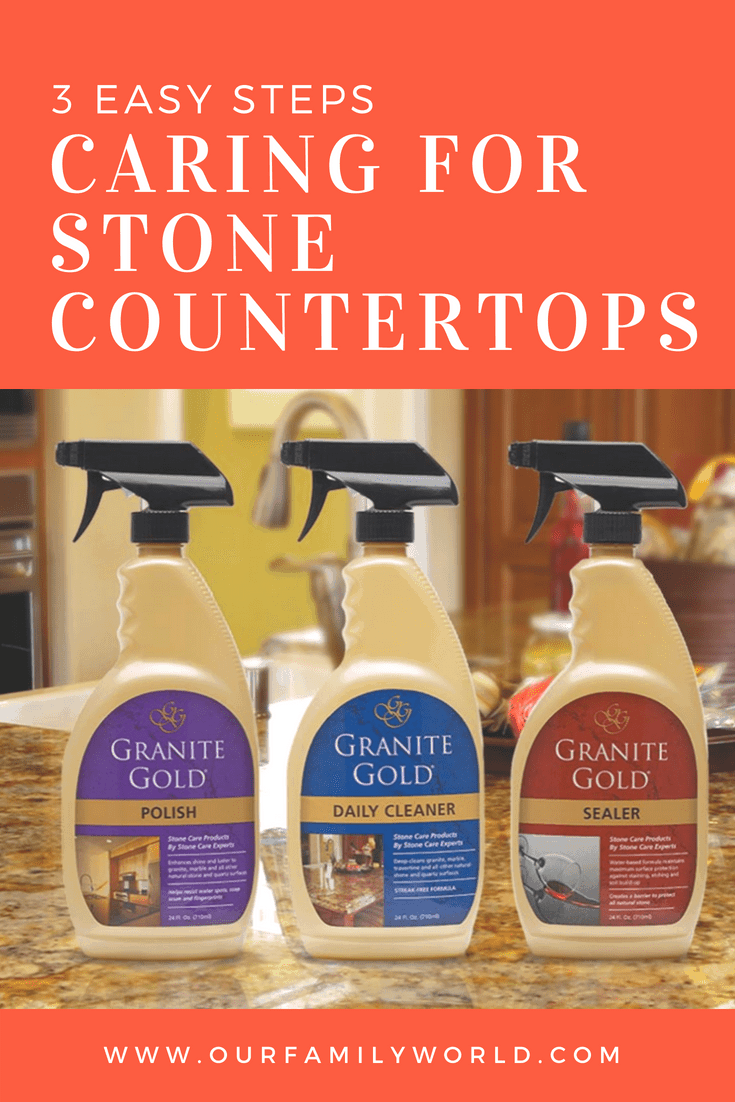 Stone countertops like granite, quartz, and marble are the envy of every homeowner. Keeping them looking like brand new can be challenging, but there are products to make it easy to keep them beautiful! We've found it only takes 3 easy steps. #granitegold #granitecountertops #cleaninggranite #cleaningcountertopsgraniteproducts #granitecleaner #granitepolish #granitesealer