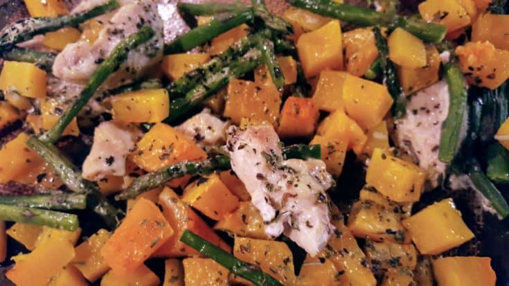 Baked Chicken, Asparagus, and Butternut Squash with Parmesan Cheese and Italian Herbs