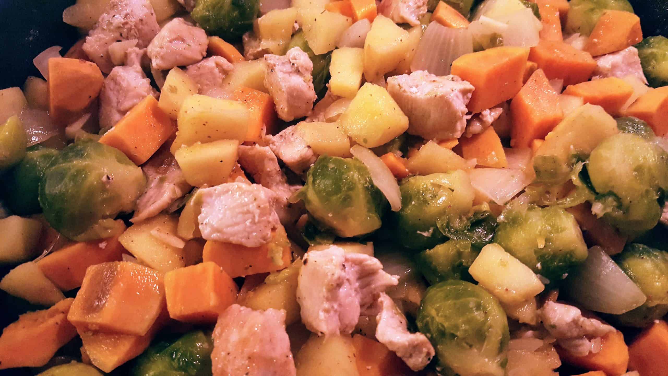 Chicken, Apple, Sweet Potato, and Brussel Sprout Hash in Aug 2024